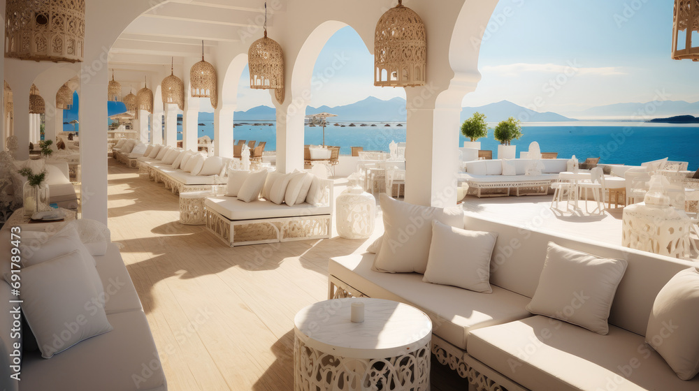 Poster the inside of a beautiful beach club with tables and sun bed. generative ai.