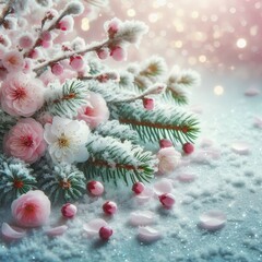 Beautiful spring background image of frosted spruce cherry blossom and small drifts of pure petal with bokeh light pink lights and space for text.