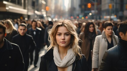 Woman walking on a bustling city street filled with diverse individuals going about their day. Generative AI.