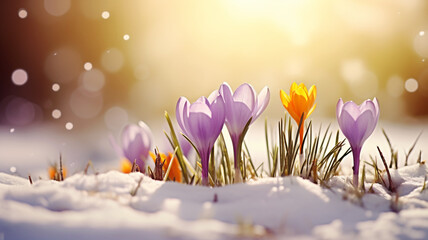 Crocus flowers emerge from the snow in early spring - obrazy, fototapety, plakaty