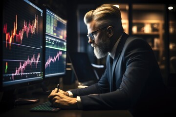 Businessman doing Forex Trading, Analysis, Market Trends, Financial Markets. Generative AI. - obrazy, fototapety, plakaty