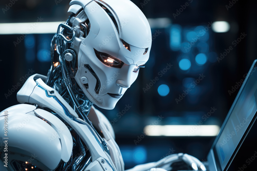 Aufkleber A futuristic robot working on a computer in an office. Generative AI.