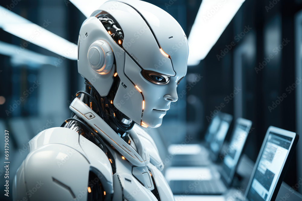 Leinwandbilder a futuristic robot working on a computer in an office. generative ai.
