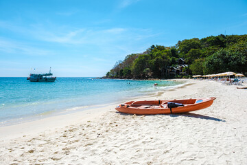 Koh Samet Island Rayong Thailand, a kayak on the white tropical beach of Samed Island with a...