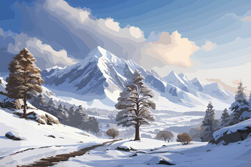 A quiet midwinter trail surrounded by beautiful snow mountains and trees