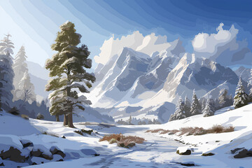 A quiet midwinter trail surrounded by beautiful snow mountains and trees