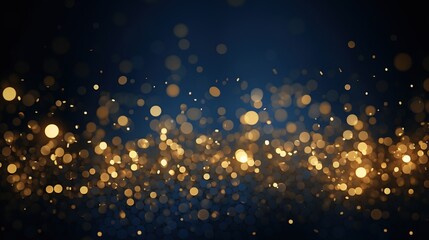 Abstract golden shine particles or gold foil texture with bokeh effect on a dark blue background. Generative AI - obrazy, fototapety, plakaty
