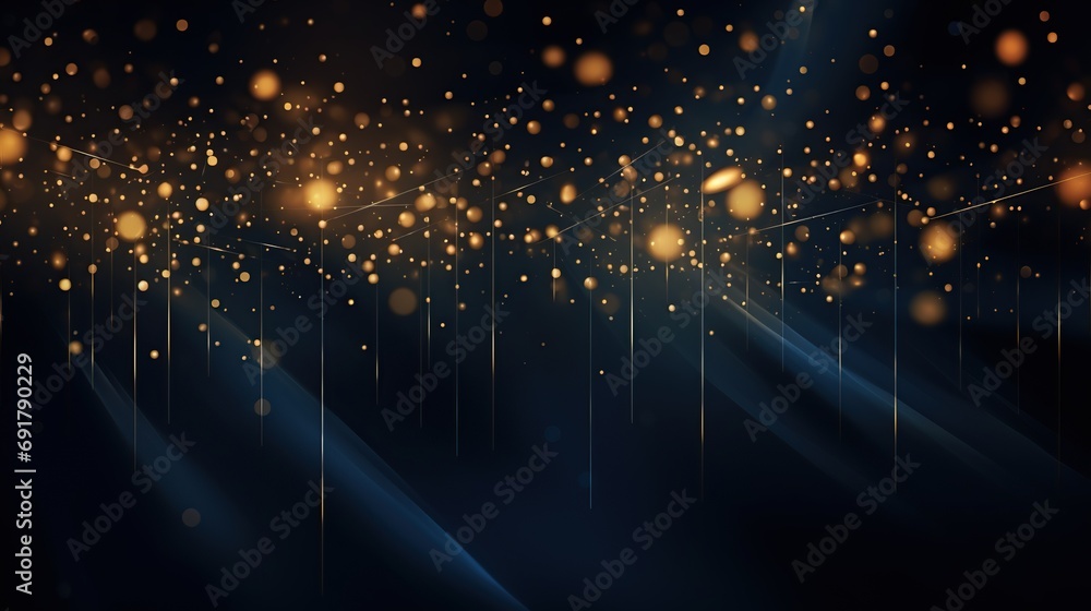 Poster abstract golden shine particles or gold foil texture with bokeh effect on a dark blue background. ge