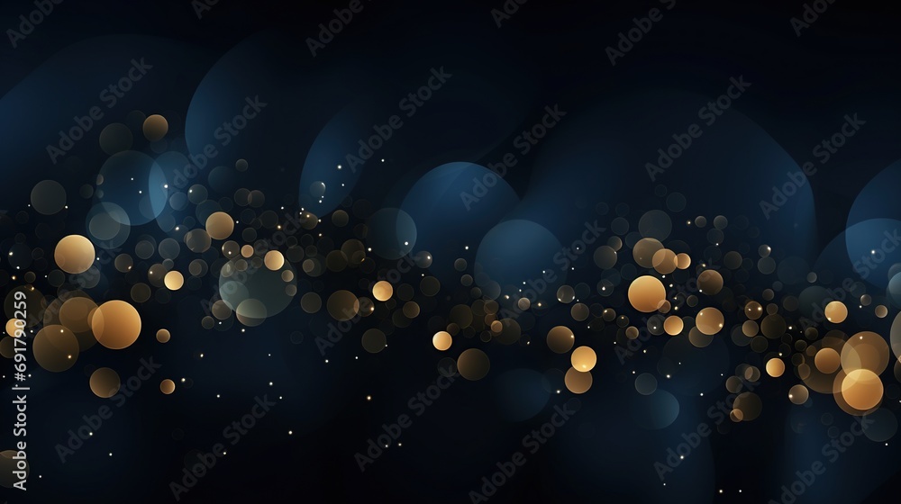 Poster abstract golden shine particles or gold foil texture with bokeh effect on a dark blue background. ge