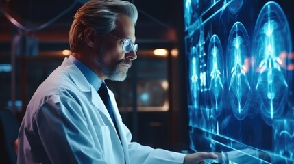 Doctor works with Heart hologram, Heart disease, Health care of the future, Modern Medical Science, Hi Tech Diagnostic Panel. Generative AI. - obrazy, fototapety, plakaty