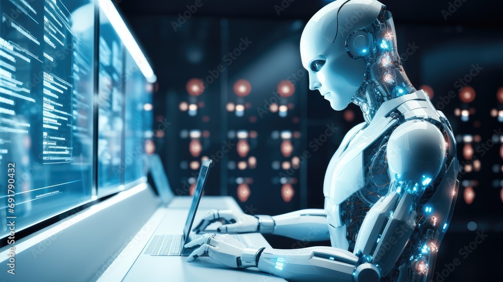 Aufkleber Robot touching digital chatbot for provide access to information and data in online network. Generative AI.