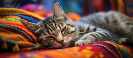 Sleeping cat on colorful blanket in photo