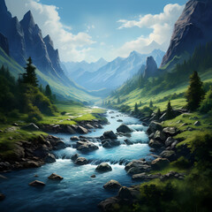 Tranquil river flowing through a lush valley.