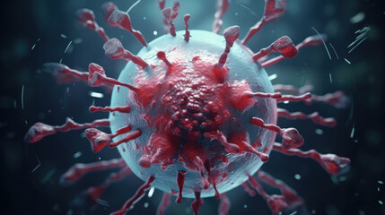 A macro image of the virus under a microscope. The concept of pandemic risk