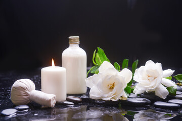 beautiful spa setting of spa ball, candle, with gardenia, - 691790871