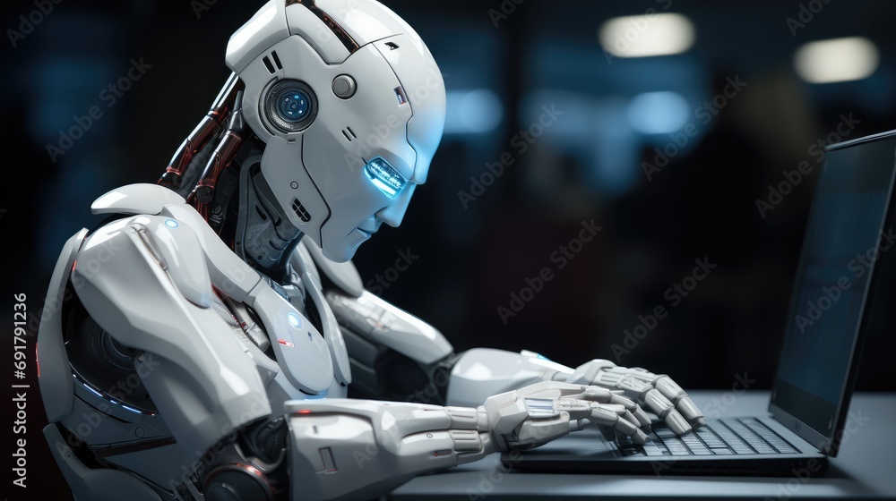 Poster a humanoid robot working on laptop. generative ai.