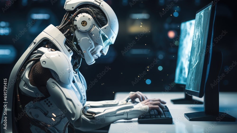 Aufkleber An artificial intelligence sitting in front of a computer and typing. Generative AI.