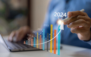 Human with 2024 new year target sale profit and arrow business financial investment graph, business growth, money, 2024, chart, target, investment, funds, saving money, banking, marketing and profit - obrazy, fototapety, plakaty