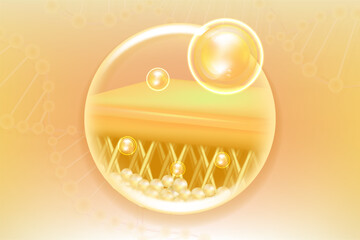 Hyaluronic acid hair and skin solutions ad, gold collagen serum drops into skin cell with cosmetic advertising background ready to use, illustration vector.