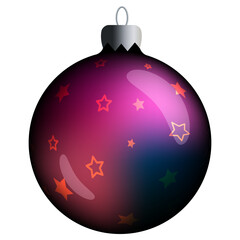 Fototapeta premium Realistic round Christmas ball with purple and blue gradient, stars and flares isolated on a white background. Clipart for christmas tree.