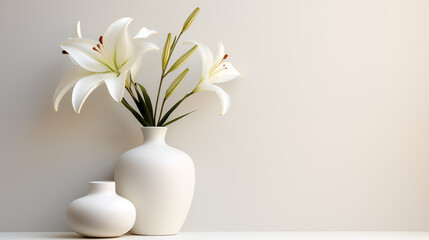 Artistic arrangement of white lilies in a ceramic vase against a white wall. Floral arrangement background with room for copy. Horizontal wedding banner template.
