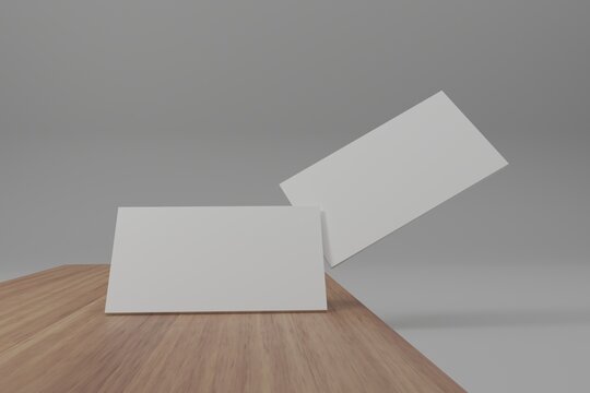 two white blank business cards for mock up, 3d rendering	