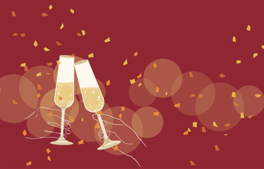 New Year celebration background with champagne glass. Christmas and Holiday concepts.	
