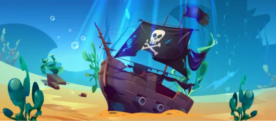 Fototapete Piraten Wrecked pirate ship on sea bottom. Vector cartoon illustration of old damaged vessel lying on sandy seabed under water, jolly roger symbol on black sail, treasure search adventure game background  © klyaksun