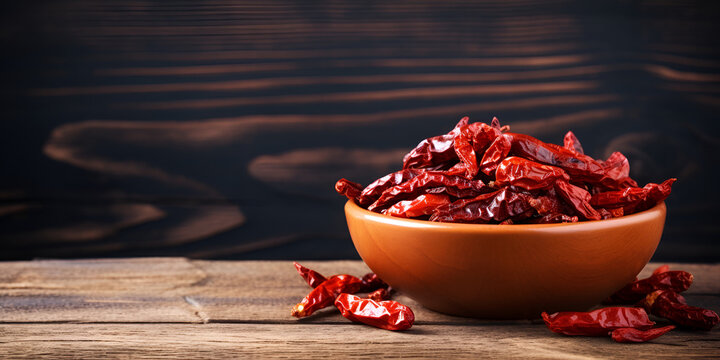 chili peppers,Aromatic kashmiri red chili For Extra Taste in a bowl on wooden box