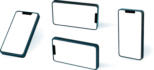 Cell phone cyborg isolated 3d mockups. Front and angled views of vertical and horizontal devices blank screens. Mobile cell telephone app template. - obrazy, fototapety, plakaty