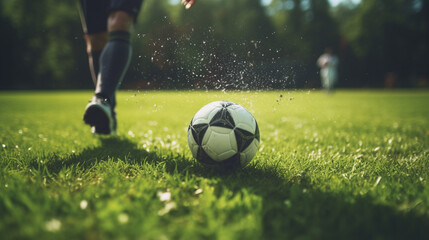 Obraz na płótnie Canvas A male soccer player confidently maneuvering a ball on the lush green grass field.