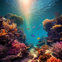 A vibrant underwater scene with colorful fish and coral reefs