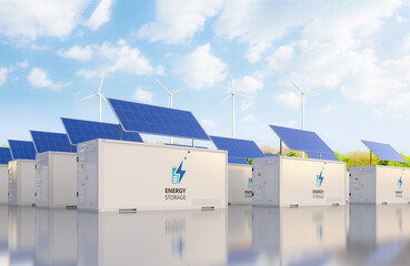 Energy storage system or battery container unit with solar panels © phonlamaiphoto