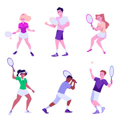 Set of happy tennis players in different poses with racquets flat style