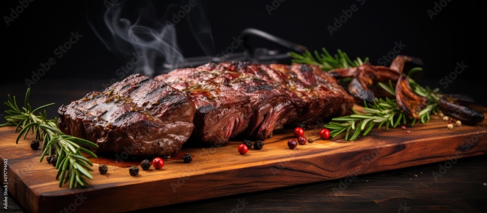 Canvas Prints man prepared meat on a wooden board for grilling.