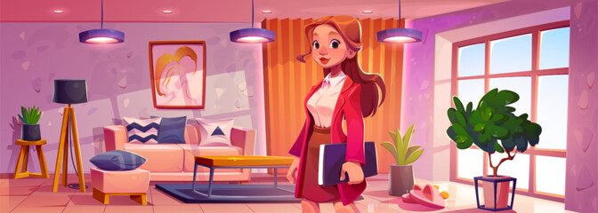 Young businesswoman in modern apartment. Vector cartoon illustration of female character in business suit, living room in scandinavian style, cozy morning house with furniture and large window
