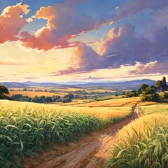 crops land watercolor, harvest scenes with crops, Agriculture Natural village farmland landscape, Generative Ai.