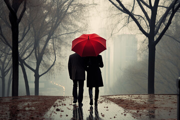 couple walking in rain with red umbrella 