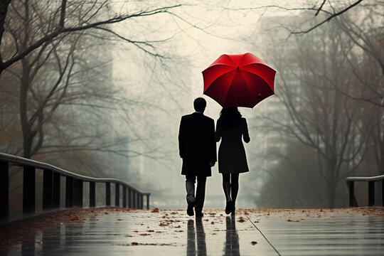 couple walking in rain with red umbrella 