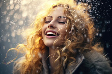 a beautiful girl is laughing under rain drops