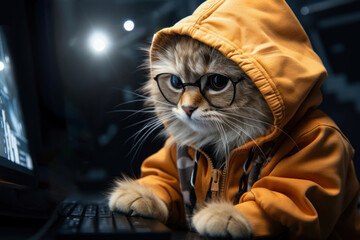 funny cat programmer in glasses working on the computer in office