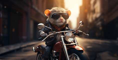 mouse with sunglasses riding a motorcycle, motorcycle on the street