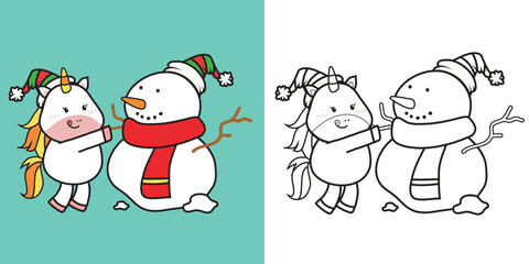 Cute and kawaii cartoon unicorn coloring page in Christmas edition. Coloring cute unicorn making a snowman worksheet. Coloring activity with Xmas theme. Printable educational coloring worksheet. 