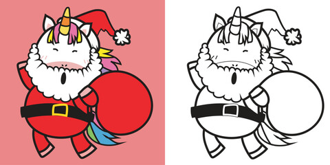 Cute and kawaii cartoon unicorn coloring page in Christmas edition. Coloring cute unicorn as a santa claus worksheet. Coloring activity with Xmas theme. Printable educational coloring worksheet. 