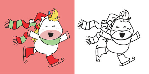 Cute and kawaii cartoon unicorn coloring page in Christmas edition. Coloring cute unicorn playing ice skating worksheet. Coloring activity with Xmas theme. Printable educational coloring worksheet. 