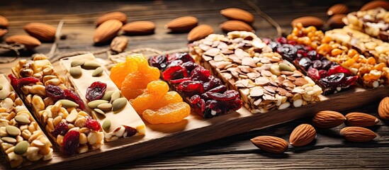 Nourishing bars made with nuts, seeds, fruits on wooden table, with space for text.