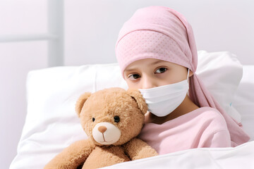 Cancer child patient under chemotherapy and teddy bear on the bed