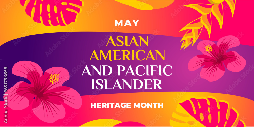 Wall mural Asian american, native hawaiian and pacific islander heritage month. Vector vertical banner for social media. Illustration with text, hibiscus. Asian Pacific American Heritage Month on pink background