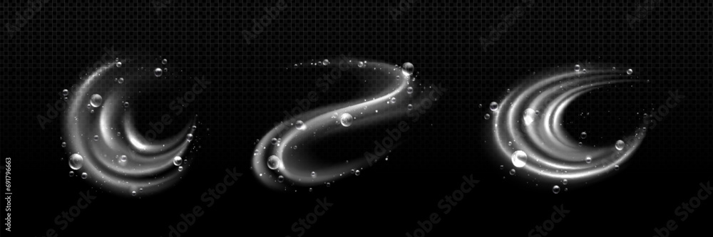 Poster water swirl and wave with bubble. vortex with movement of detergent or soap foam balls. realistic ve