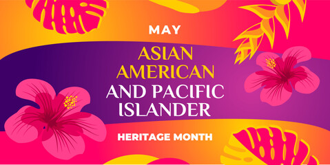 Asian american, native hawaiian and pacific islander heritage month. Vector vertical banner for social media. Illustration with text, hibiscus. Asian Pacific American Heritage Month on pink background